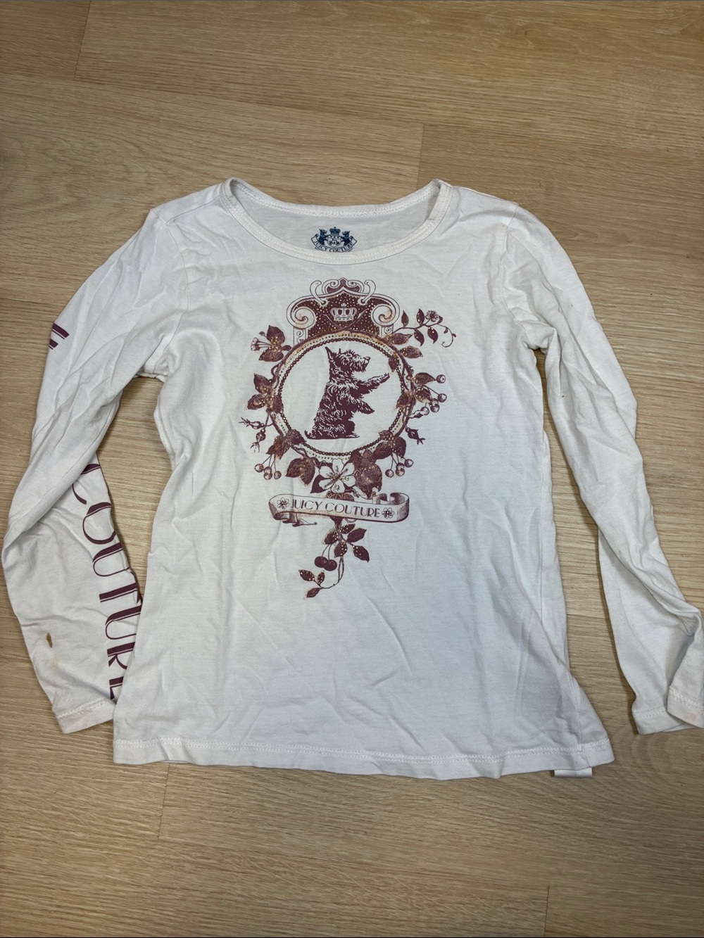 Juicy Couture White Long Sleeve Tee with Burgundy Crest